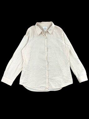 Sigrid Olsen Cream Linen Blend Metallic Stripe Button Down Roll Tab Sleeve Blous